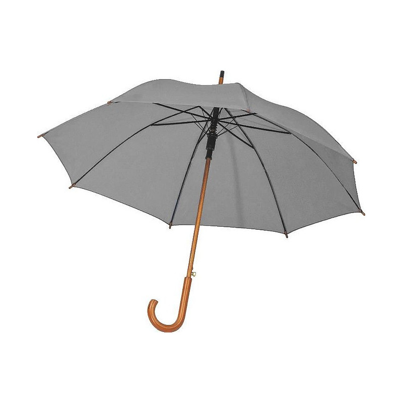 PERIL Automatický deštník s dřevěnou rukojetí, RPET, šedý