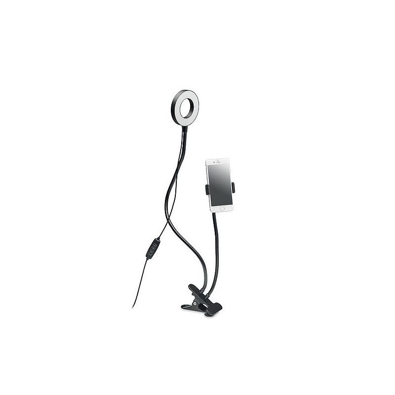 LEILA Přenosná kruhová lampička s LED světlem o průměru 24 cm, s klipem a selfie držákem na telefon
